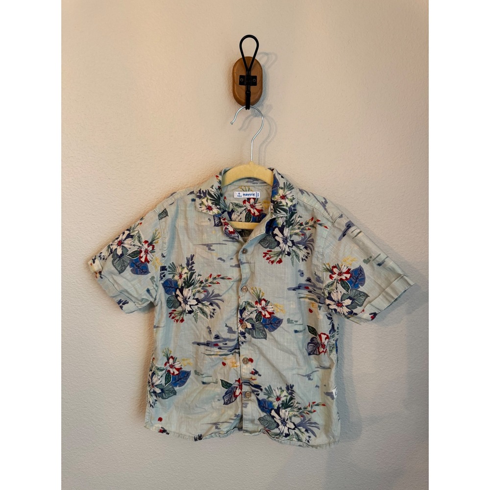 Mayoral Button Down Shirt Kids Size 6 Light Blue Excellent Tropical Floral Linen